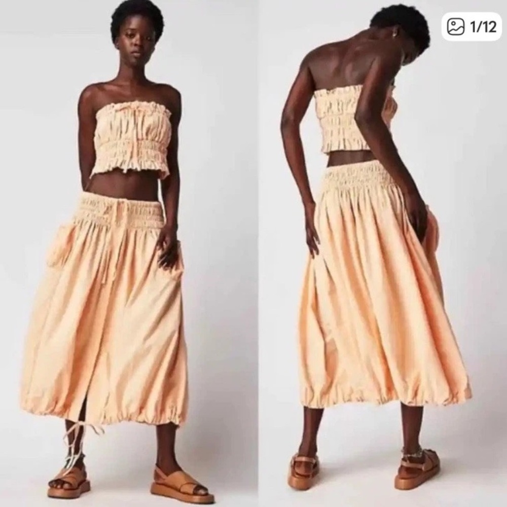 New Free People Free-est All The Things Midi City Skirt Set Smocked Orange S/M